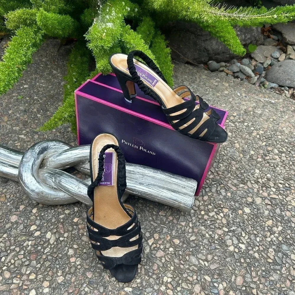 Phyllis Poland Black Suede Strappy Slingback Sandals Leather Soles
